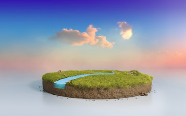 Wall Mural - Fantasy 3D rendering circle podium grass field with river, surreal 3D Illustration round soil cutaway cross section isolated on purple sunset sky