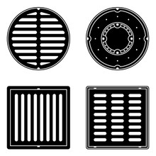 A Set Of Vector Sewer Covers Isolated On A White Background. Can Represent Sewage, Maintenance, City Services, Sanitation, A Manhole Cover, A Drain, A Restroom, And Sewers.
