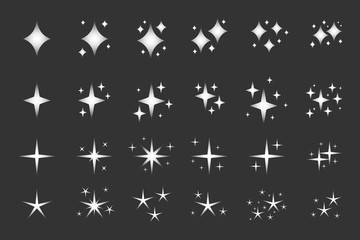 Wall Mural - Silver sparkles icons set. Star ray elegant twinkle shape. Original decorative element. Sparkle lights stars, glitter flare magic glowing light effect for any design logo. Isolated vector illustration