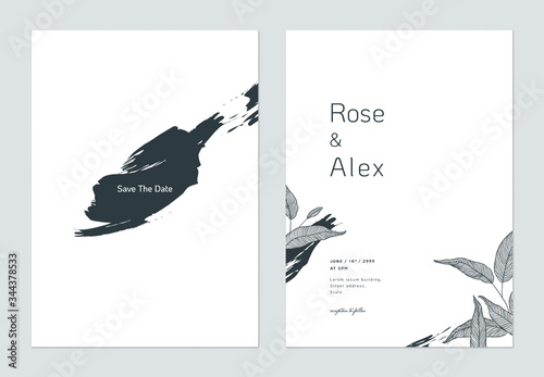 Minimalist wedding invitation card template design, eucalyptus line art ink d...