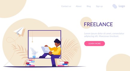 Poster - Freelancer or employee during distance work sits with laptop on the window sill near the window. Modern flat vector illustration.