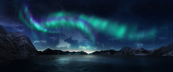 Wall Mural - a beautiful green and red aurora dancing over the hills.