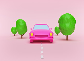 Fototapete - cartoon style car with trees on pastel pink background. travel concept. minimal design. 3d rendering