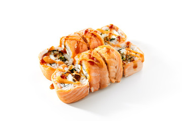 Canvas Print - Salmon rolls on white background closeup view