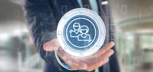 Poster - businessman holding a social media network contact icon