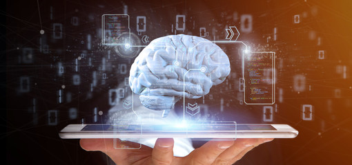 Poster - businessman holding a intelligence artificial brain with data - 3d rendering