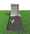 Grave with a tombstone and the inscription RIP and flowers on it on the grassy lawn. 3D illustration