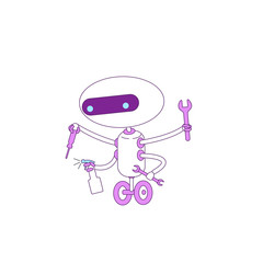 Poster - Cute modern helper robot with magnifying glass violet linear object. Futuristic bot cleaning and repairing thin line symbol. Cyborg isolated outline illustration on white background