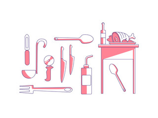 Poster - Culinary items red linear objects set. Meat dish and wine bottle, kitchen tools thin line symbols pack. Cutlery, cooking equipment isolated outline illustrations on white background