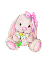 Watercolor illustration of cute cartoon bunny girl pink, holding daisy flower. Isolated.