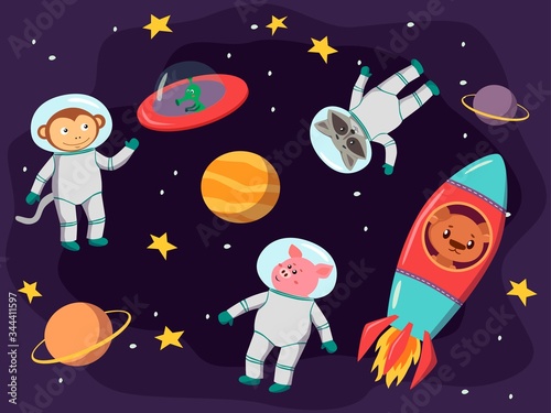 Cuadros en Lienzo Collection of space background set with astronaut, planet, moon, star, rocket