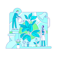 Poster - Organic fertilizer testing thin line concept vector illustration. Scientists, botanists 2D cartoon characters for web design. Lab experiment with GMO products. Scientific research creative idea
