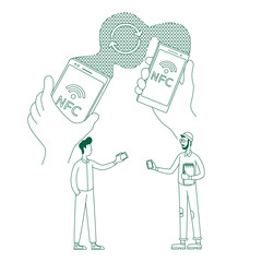 Poster - Info exchange, file sending thin line concept vector illustration. People with cellphones 2D cartoon character for web design. NFC, data transfer, wireless connection creative idea