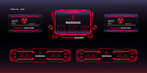 Wall Mural - Attention Danger The threat of radiation infection Set of red frames and pop-up screens on black background. Futuristic screens with elements of HUD, GUI, UI