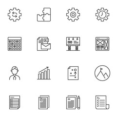 New business startup line icons set, outline vector symbol collection, linear style pictogram pack. Signs, logo illustration. Set includes icons as time management, strategy planning, calendar, puzzle