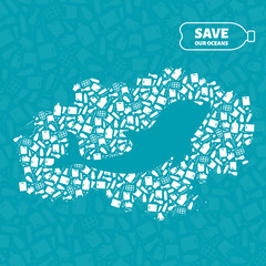 Wall Mural - Plastic waste ocean environment problem concept vector illustration. Dolphin marine mammal silhouette cut in plastic trash flat icon spot. Sustainable lifestyle graphic, zero waste concept.