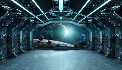 dark blue spaceship futuristic interior with window view on space and planets 3d rendering