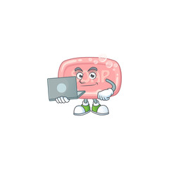 Canvas Print - Diligent pink soap mascot design style working from home with laptop