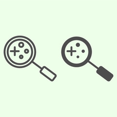 Poster - Search tool line and solid icon. Magnifying glass lens with bacterias result outline style pictogram on white background. Science and biology signs for mobile concept and web design. Vector graphics.