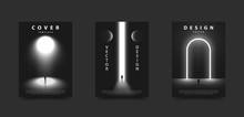 Silhouette of man in empty surface standing in front of glowing geometric gates. Black and white fantasy abstract cover set. Vector design template for poster, flyer, card, brochure.