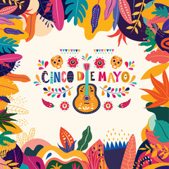 Wall Mural - Mexican pattern with guitar, skull and red peppers. Holiday template for Mexican holiday Cinco de Mayo