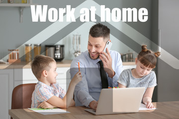 Sticker - Working father with little children at home