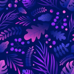 Trendy natural seamless patern with gradient purple tropical foliage. Gorgeous elegant endless background with exotic leaves. Colorful summer pattern. Vector illustration