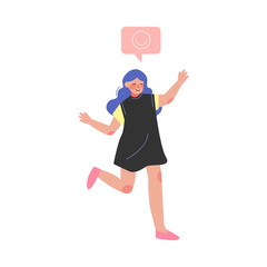 Sticker - Cheerful Girl in Casual Clothing with Happy Face Speech Bubble above Her Head, Social Communication Vector Illustration