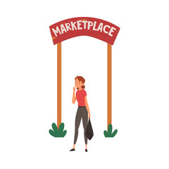 Wall Mural - Young Woman Standing with Shopping Bag, Female Shopper Purchasing at Marketplace Vector Illustration