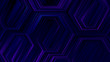 Dark blue and purple background with abstract hexagonal lines.