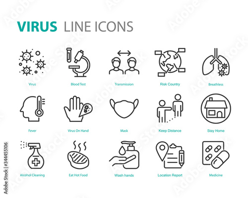 Fotografía set of coronavirus icons, virus, ill, bloodtest, social distancing, prevention