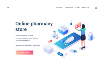 Poster - Website design with online pharmacy store app on white background