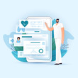 Online RX Medical Prescription and medic check up on smartphone, vector illustration. Doctor showing app on phone with prescriptions, medical test and diagnosis for patient. Online medicine concept
