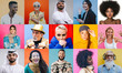 © oneinchpunch - People collage. composit with faces and expressions of different people and ethnicites from the world. Half body portraits on colored backgrounds