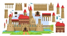 Medieval Castle Constructor For Children Vector Illustration. Different Details For Diy Flat Style. History And Ancient Architecture Concept. Isolated On White Background