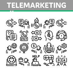 Poster - Telemarketing Sale Collection Icons Set Vector. Telemarketing Help And Information Research, Calling Operator And Customer Concept Linear Pictograms. Monochrome Contour Illustrations