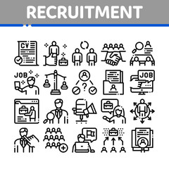 Poster - Recruitment And Research Employee Icons Set Vector. Curriculum Vitae Cv And Professional Career, Interview And Recruitment Concept Linear Pictograms. Monochrome Contour Illustrations