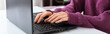 © Beton Studio - Woman working or learning from home using laptop. Freelancer have remote work, online education, work on maternity leave. Female hands typing on keyboard at home office. Long web banner