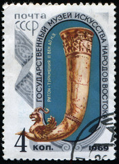 Poster - USSR - CIRCA 1969: stamp 4 Soviet kopek printed by USSR, shows Drinking-horn Riton (Turkmenistan 2nd c. B. C.), State Museum of Oriental Art in Moscow series, circa 1969