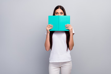 Sticker - Portrait of her she nice attractive lovely funny girlish straight-haired girl hiding face behind book fooling isolated over light gray pastel color background