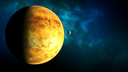Illustration of a yellow planet and moon