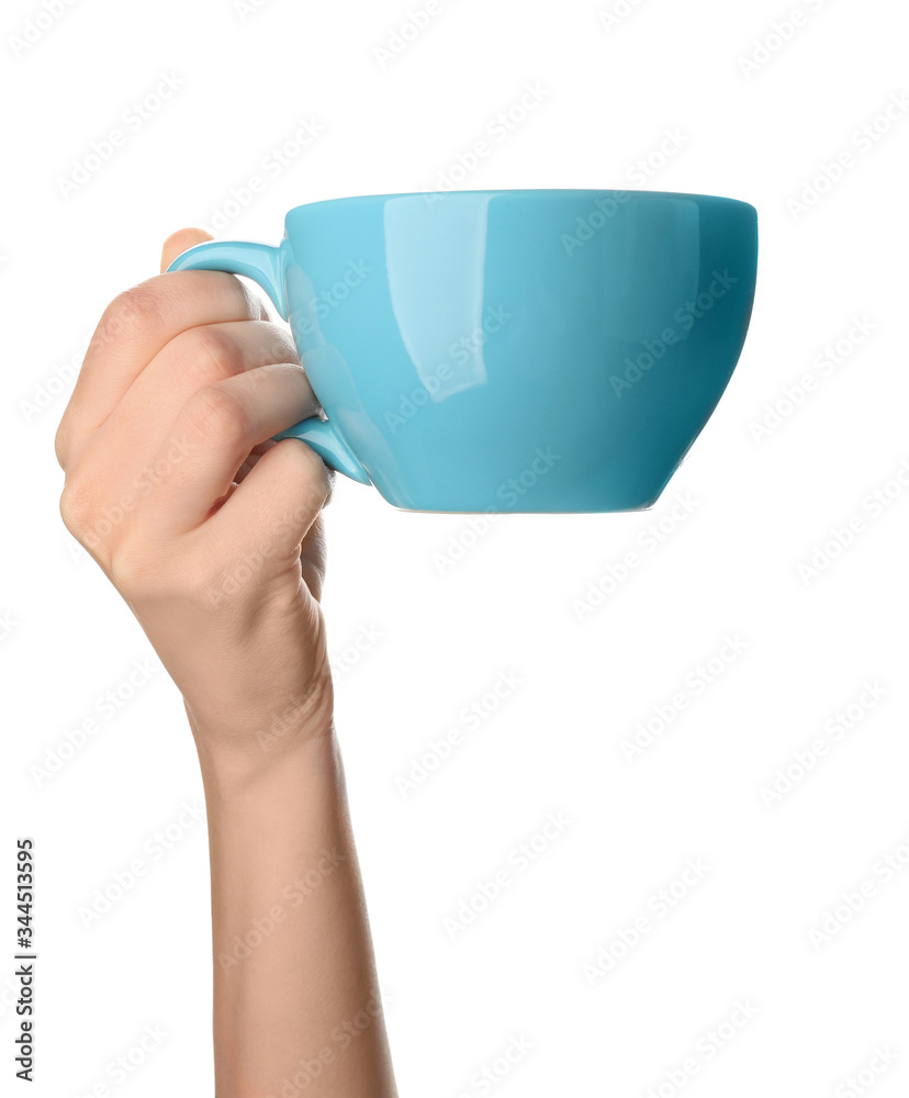 Female hand with blank cup on white background
