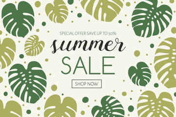 Wall Mural - Summer Sale banner. Background with tropical jungle. Vector