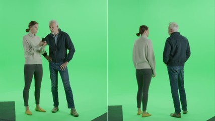 2-in-1 Green Screen Collage: Beautiful Young Girl Chatting with Charismatic Middle Aged Man, Standing, Talking, Using Smartphone, Social Networks. Multiple Angle Best Value Package: Front, Back Views