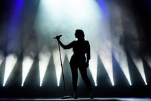 Vocalist Singing To Microphone. Singer In Silhouette