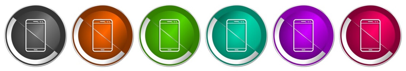 Poster - Smartphone icon set, mobile phone silver metallic chrome border vector web buttons in 6 colors options for webdesign