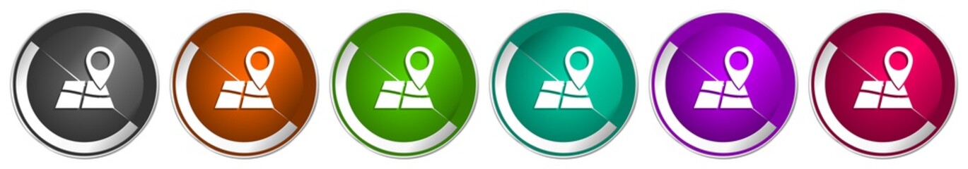 Aufkleber - Gps, map, travel icon set, silver metallic chrome border vector web buttons in 6 colors options for webdesign