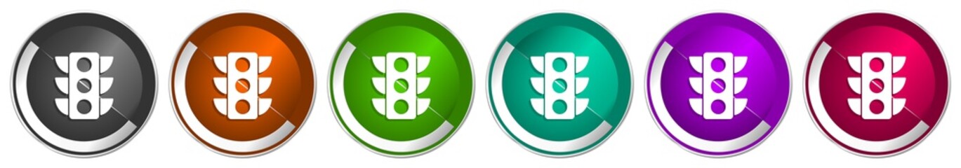 Fototapete - Traffic lights icon set, silver metallic chrome border vector web buttons in 6 colors options for webdesign