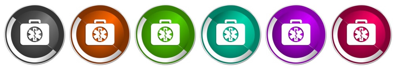 Aufkleber - Rescue kit icon set, silver metallic chrome border vector web buttons in 6 colors options for webdesign