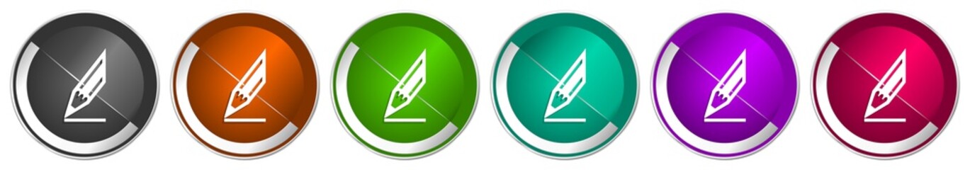 Aufkleber - Pencil icon set, silver metallic chrome border vector web buttons in 6 colors options for webdesign